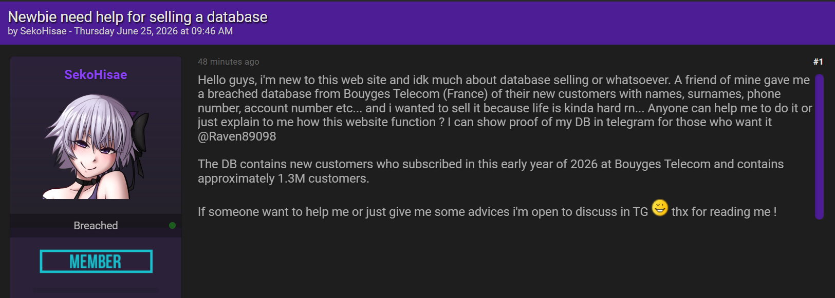 Alleged Sale of Bouygues Telecom Customer Database