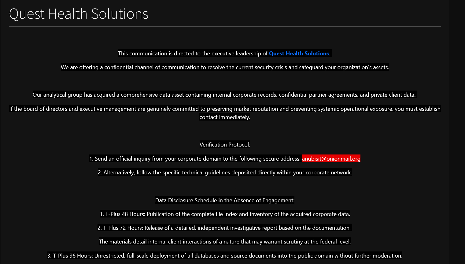 Quest Health Solutions falls victim to ANUBIS Ransomware