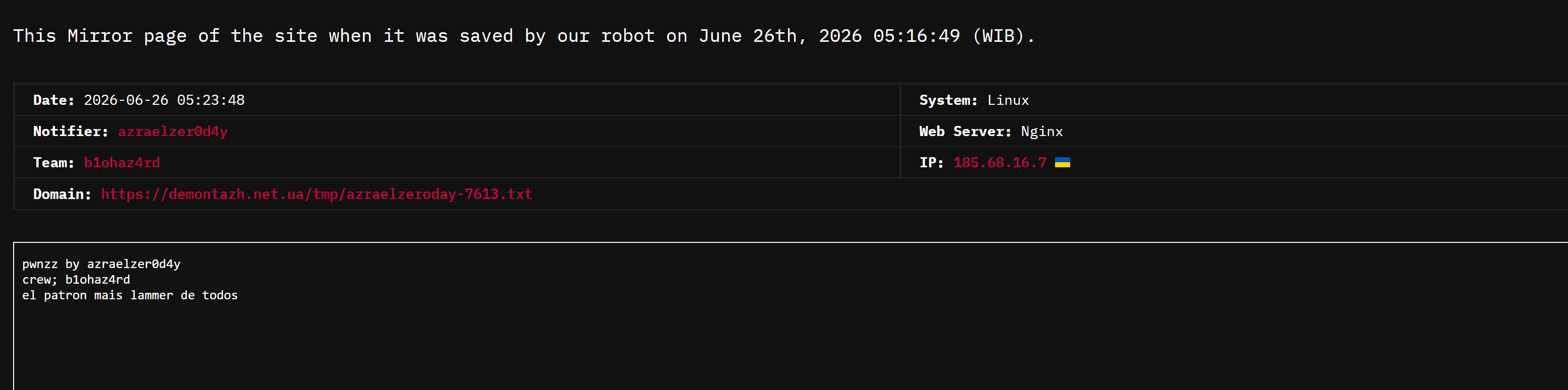 azraelzer0d4y targets the website of DEMONTAZH