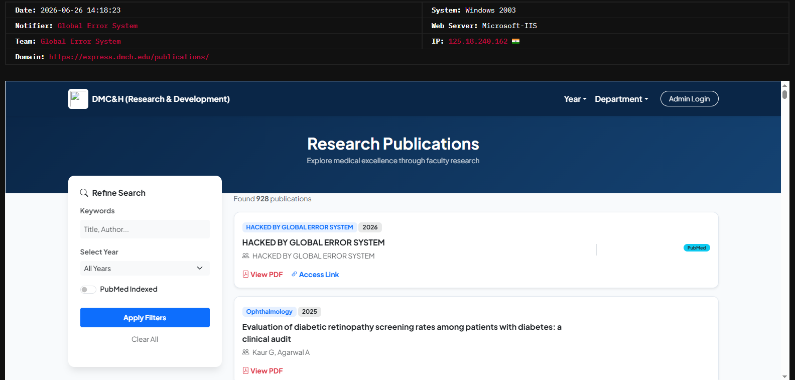Global Error System targets the website of Dayanand Medical College and Hospital