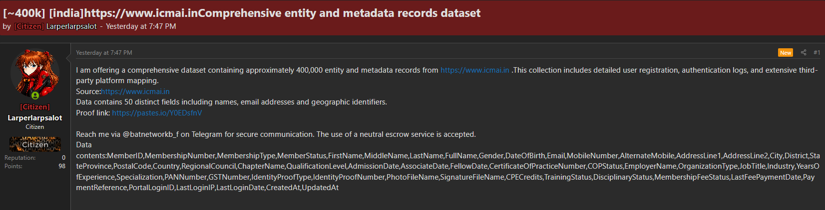 Alleged sale of ICMAI member dataset