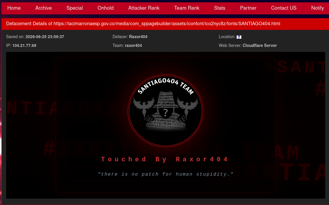 Raxor404 targets the website of La Cimarrona E.S.P
