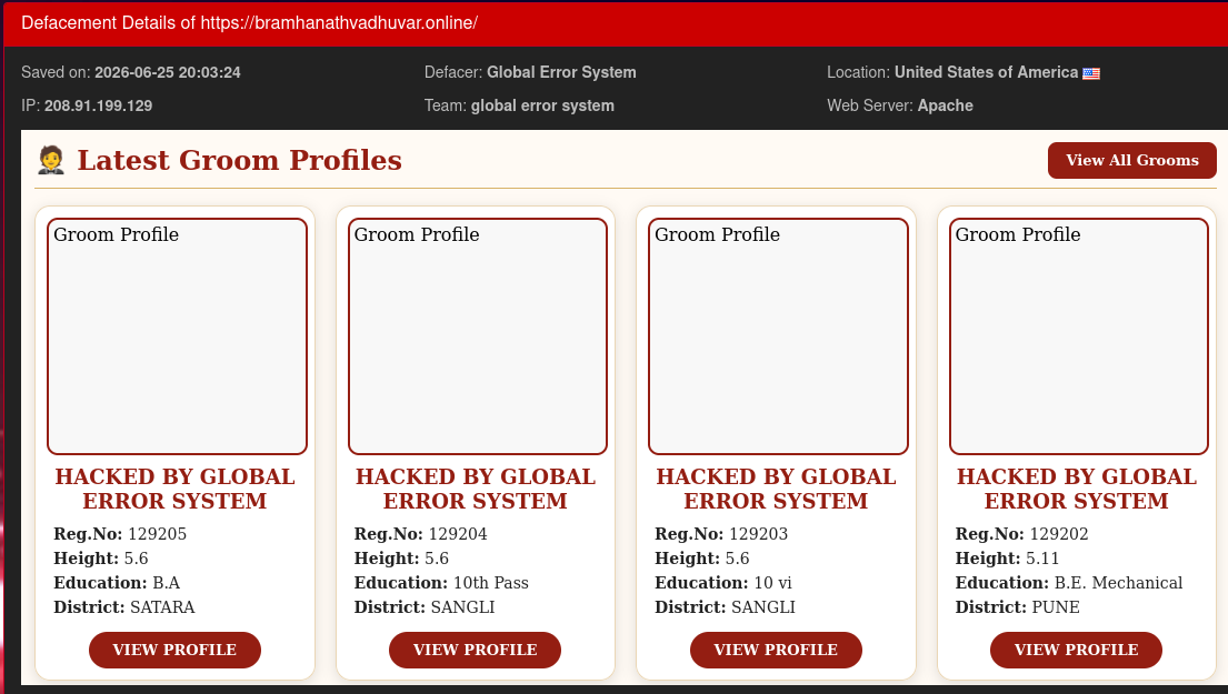 Global Error System targets the website of Bramhanath Vadhuvar