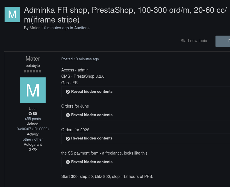 Alleged sale of unauthorized admin access to an unidentified shop in France