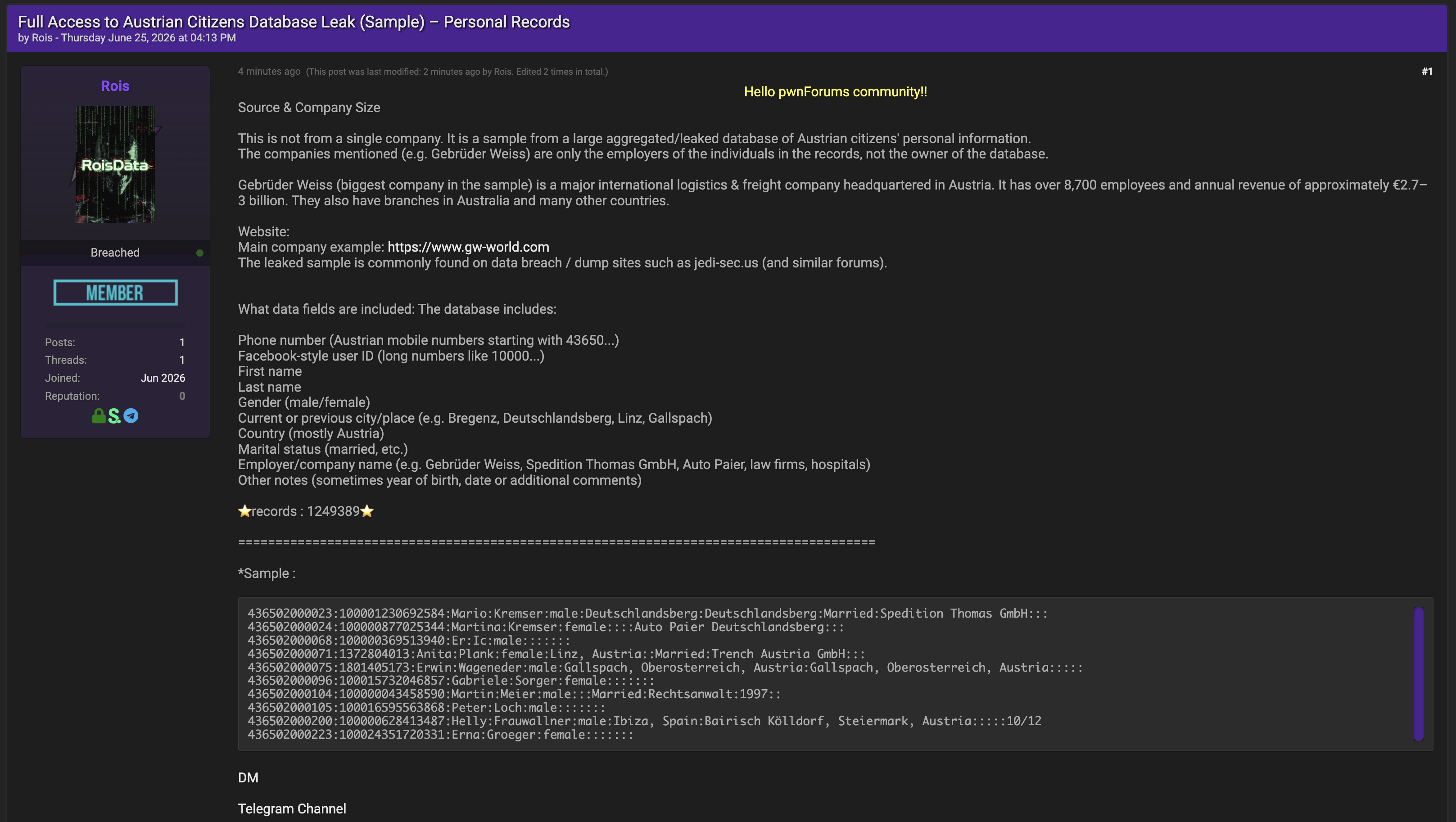 Alleged data leak of Austrian Citizens Database