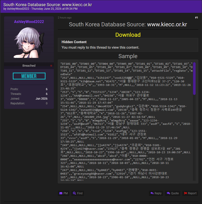 Alleged data breach of Korean lnstitute of Education & Culture Contents