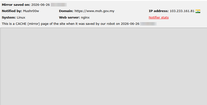 Mushr00w targets the website of Ministry of Health Malaysia