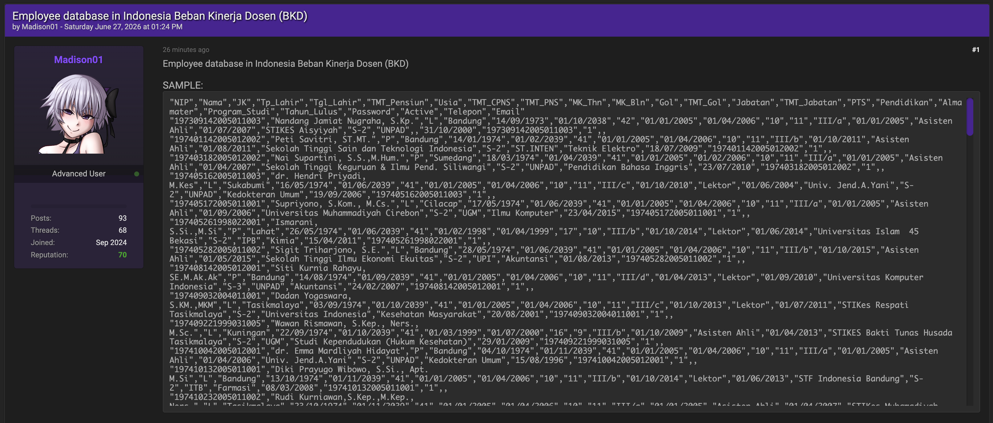 Alleged data leak of Beban Kinerja Dosen