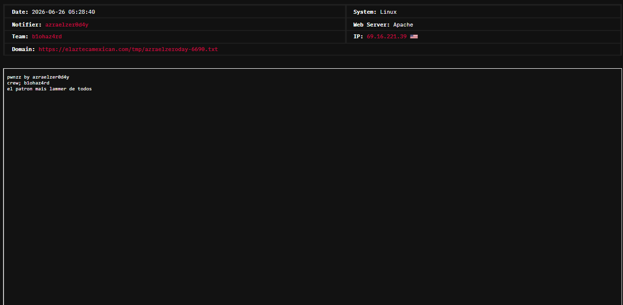 azraelzer0d4y targets the website of El Azteca Mexican Restaurant