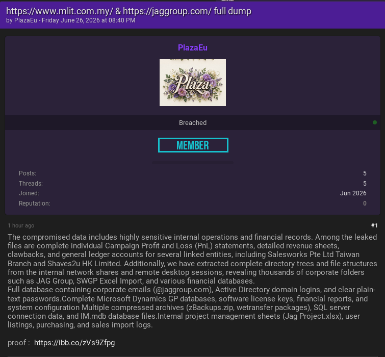 Alleged data breach of JAG Corporate Services Sdn Bhd