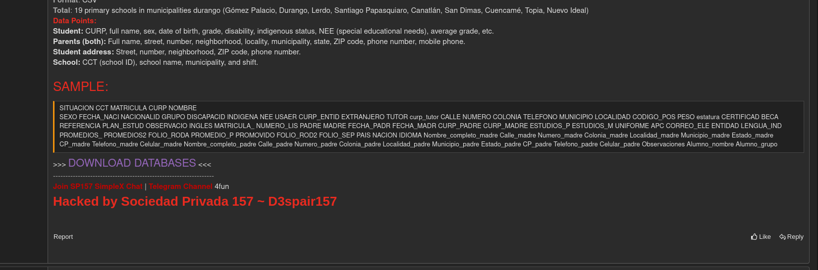 Alleged Data Breach of SEED (Secretaría de Educación) Affecting 19 Primary Schools in Mexico