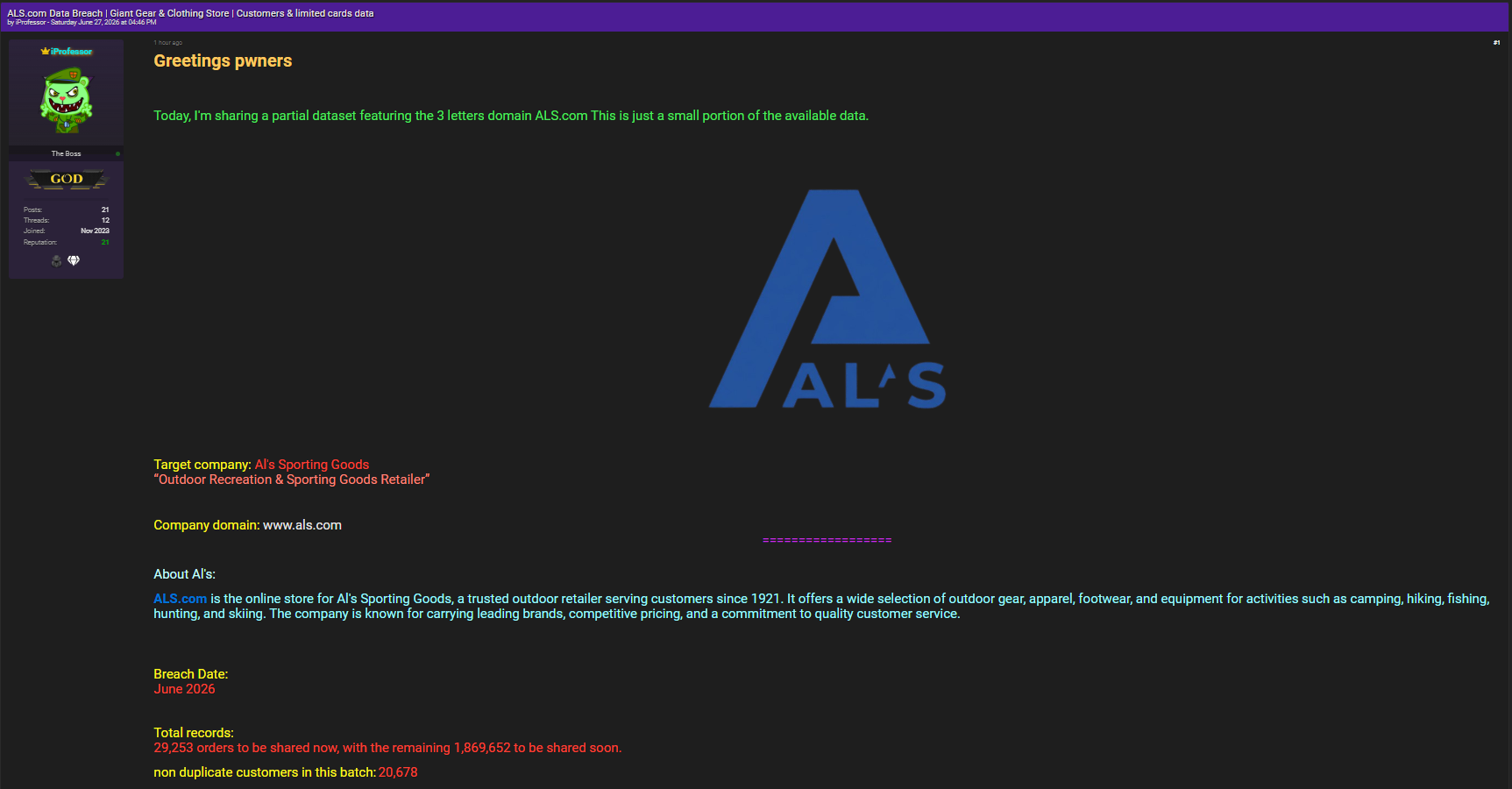 Alleged data breach of Al’s Sporting Goods