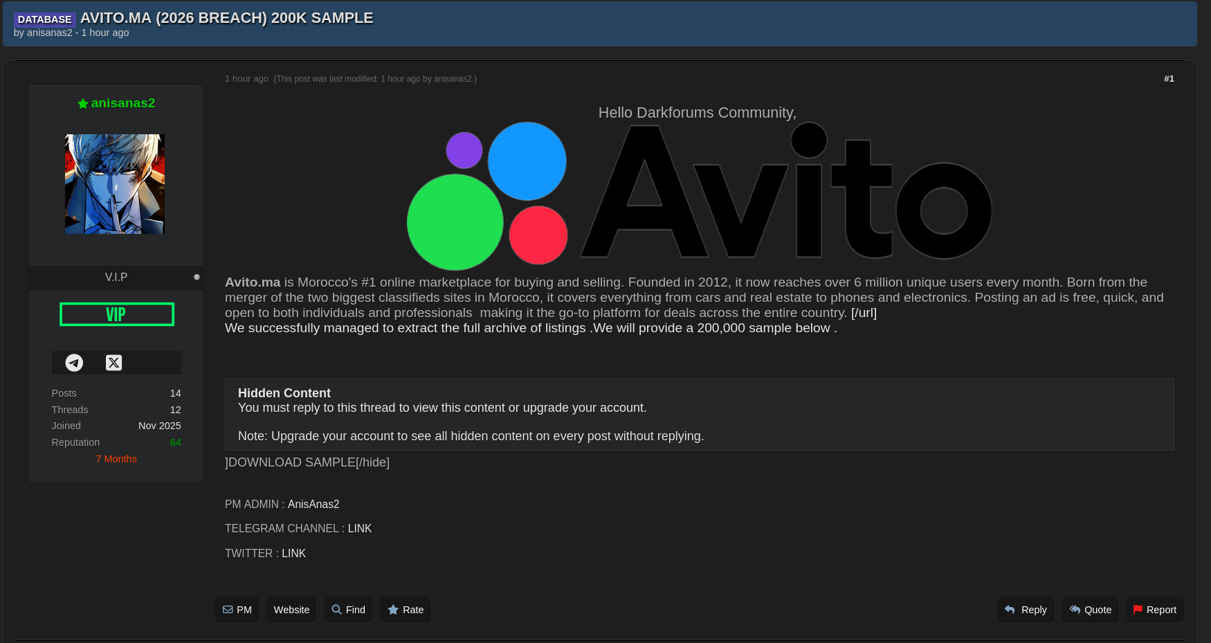 Alleged Data Breach of AVITO.MA