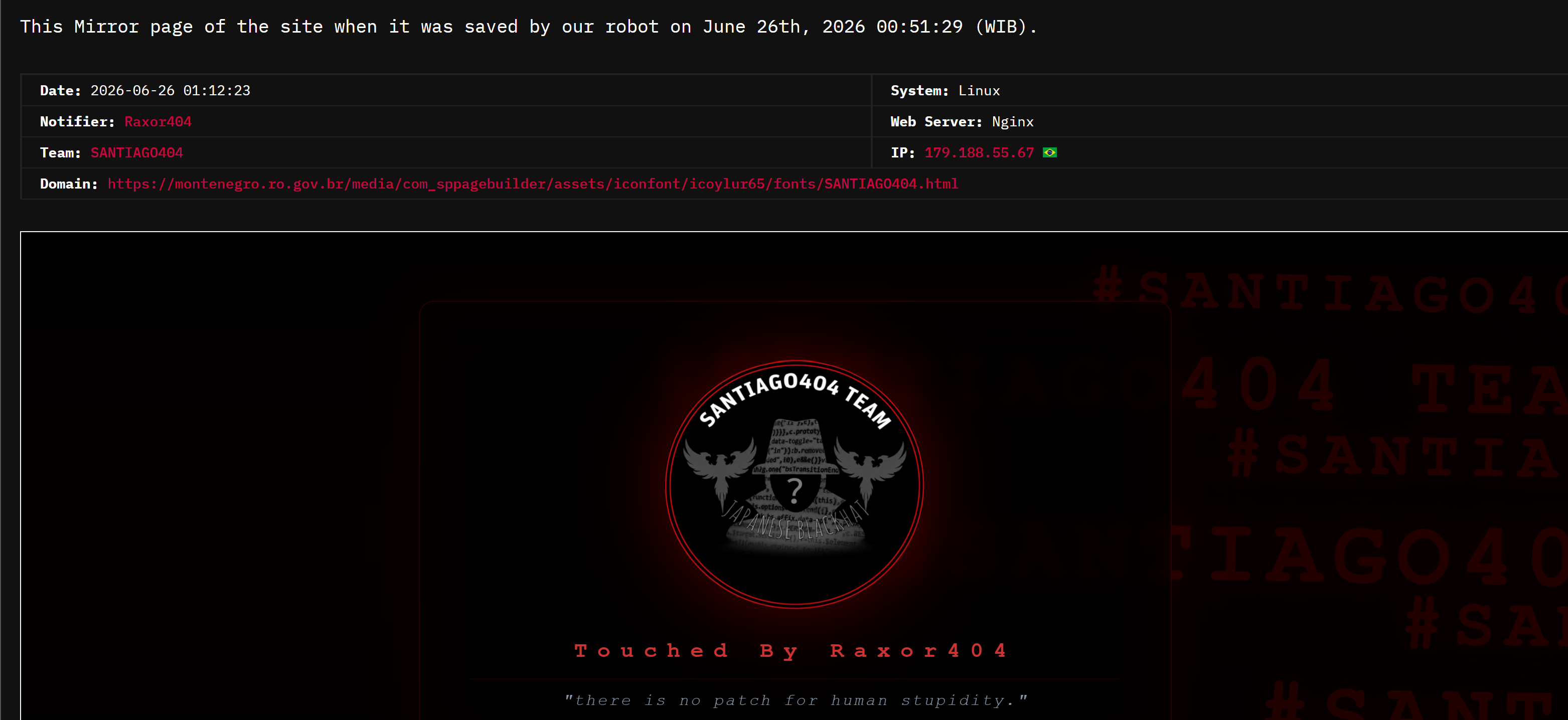Raxo404 targets the website of Municipal Government of Monte Negro, Rondônia