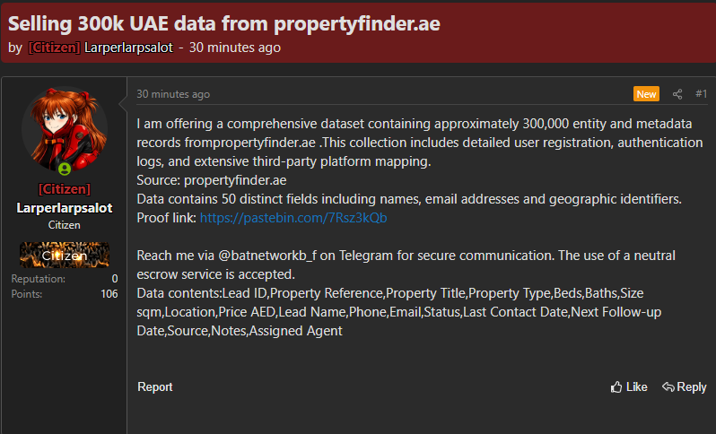 Alleged data leak of Property Finder