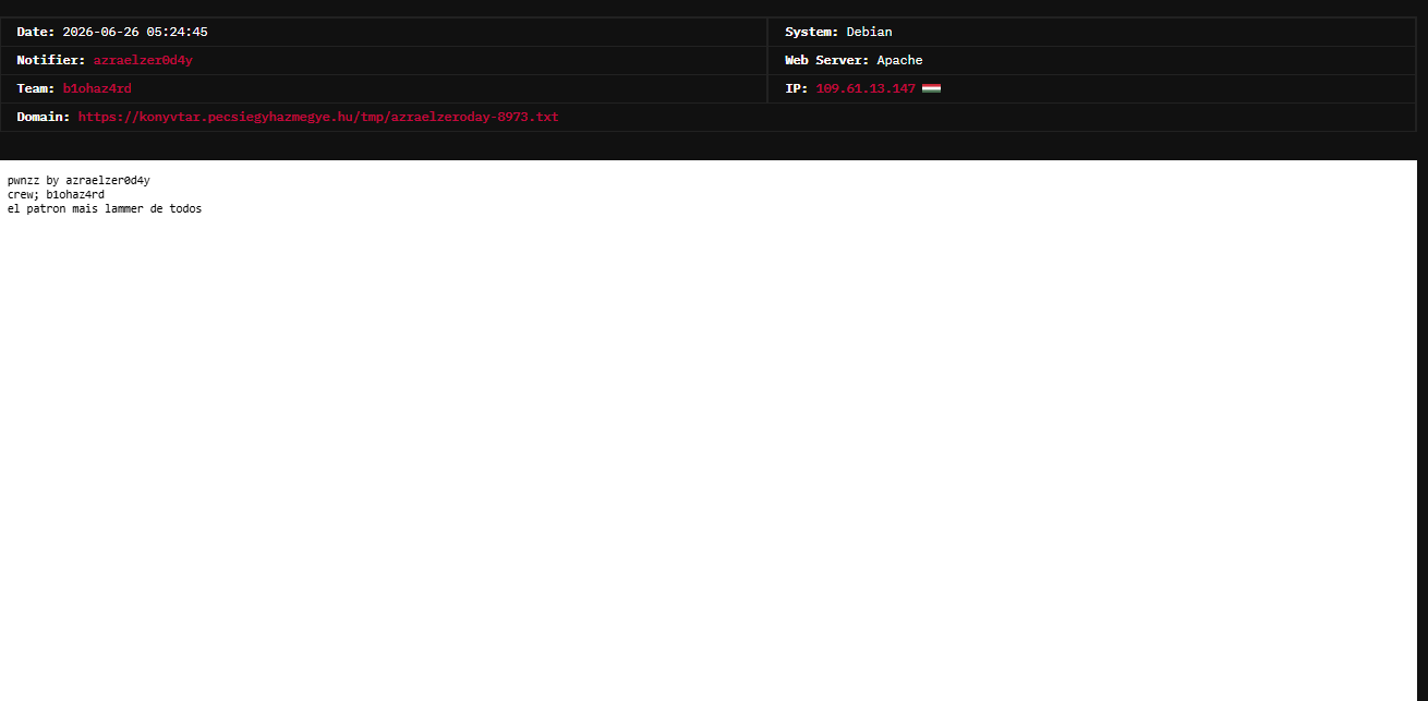 azraelzer0d4y targets the website of Diocesan Library of Pécs