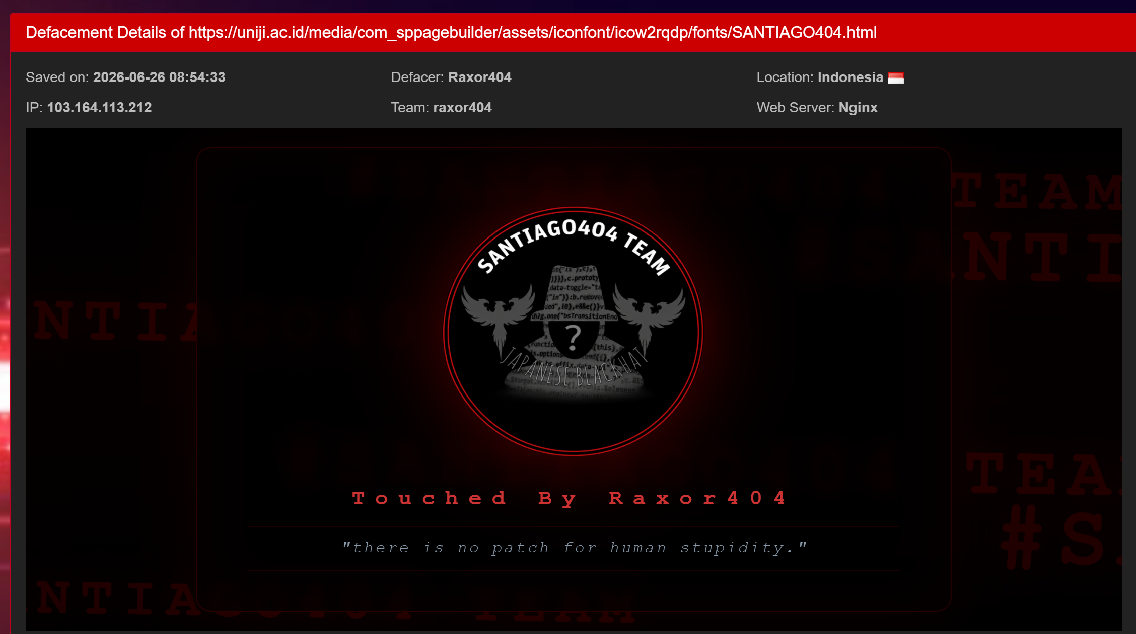 Raxor404 targets the website of University of Jakarta International
