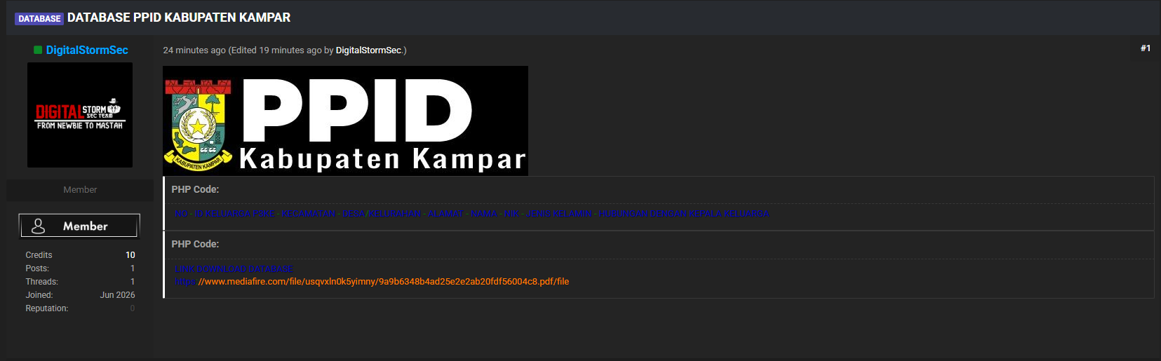 Alleged data breach of PPID Kabupaten Kampar