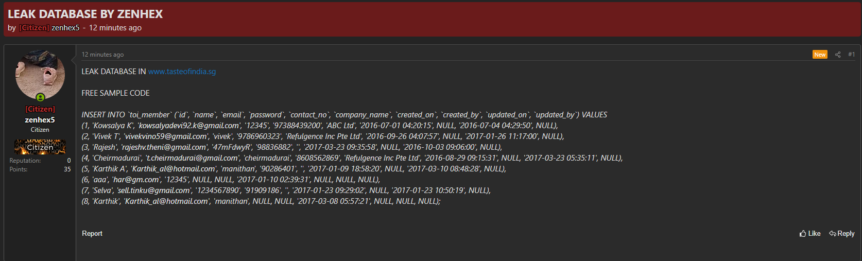 Alleged Leak of Data from Taste of India Singapore