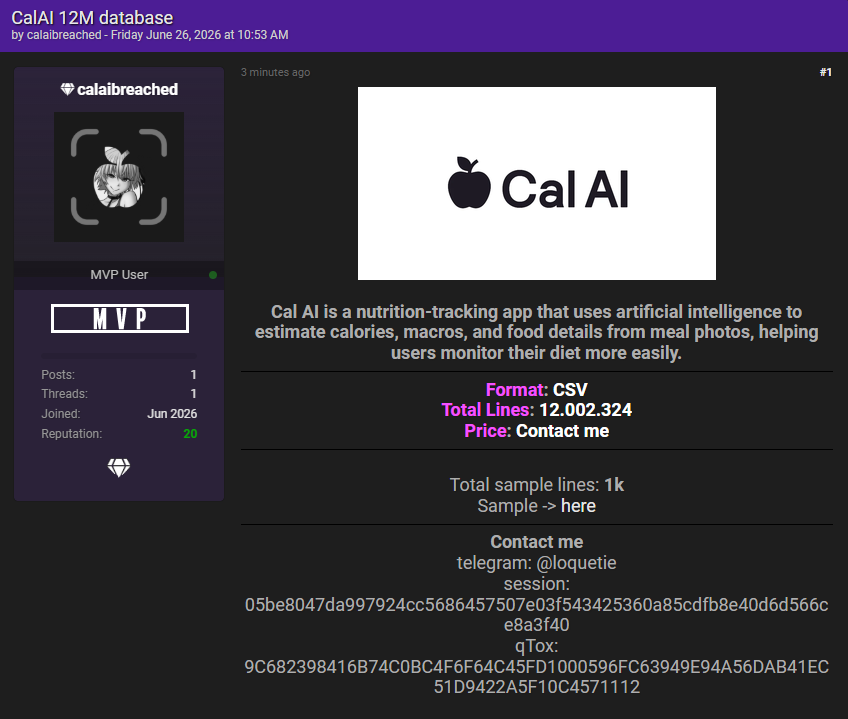 Alleged data breach of Cal AI