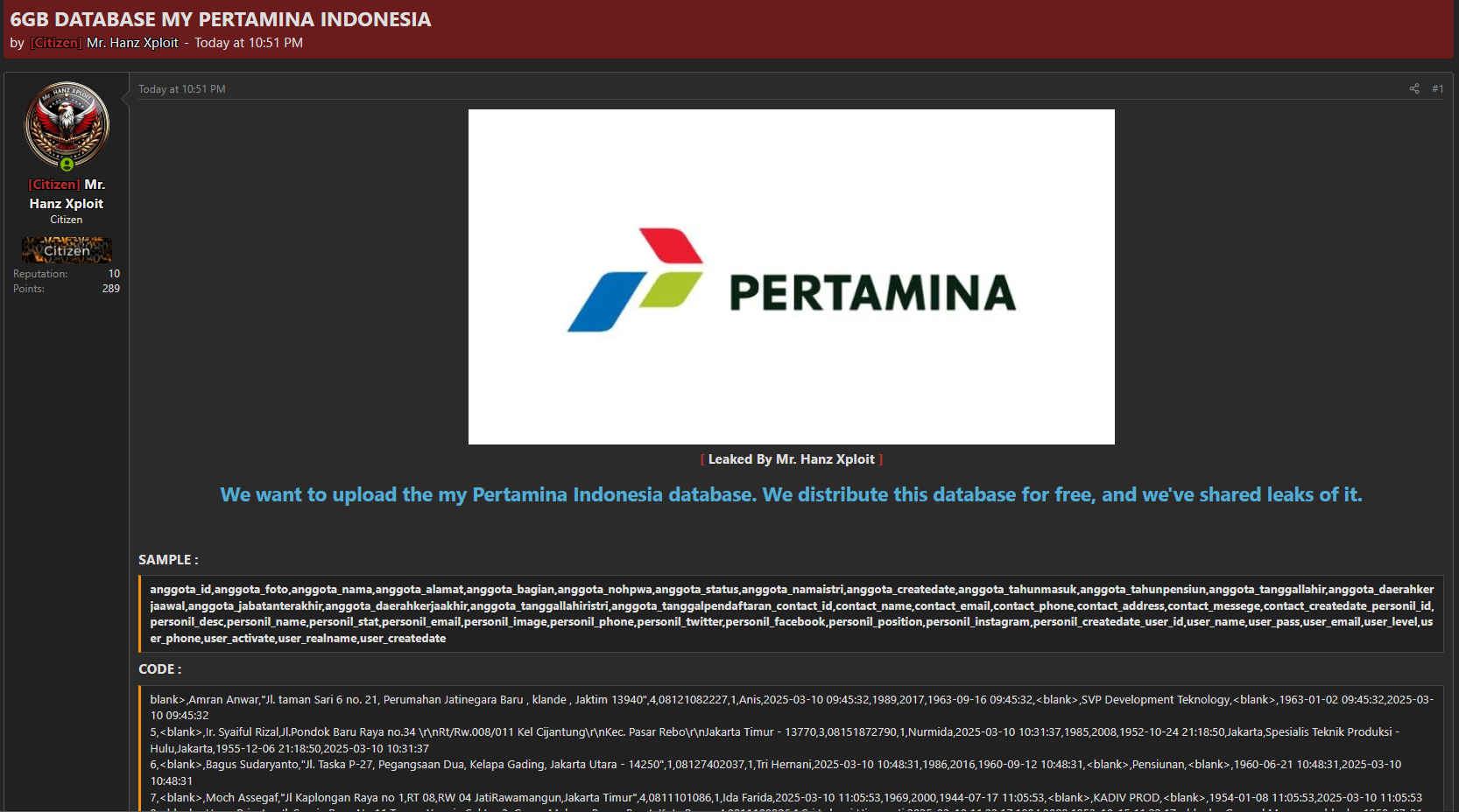 Alleged Leak of Pertamina Indonesia Database