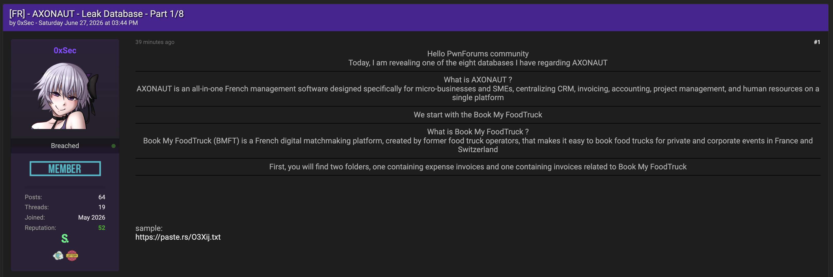Alleged data breach of Axonaut
