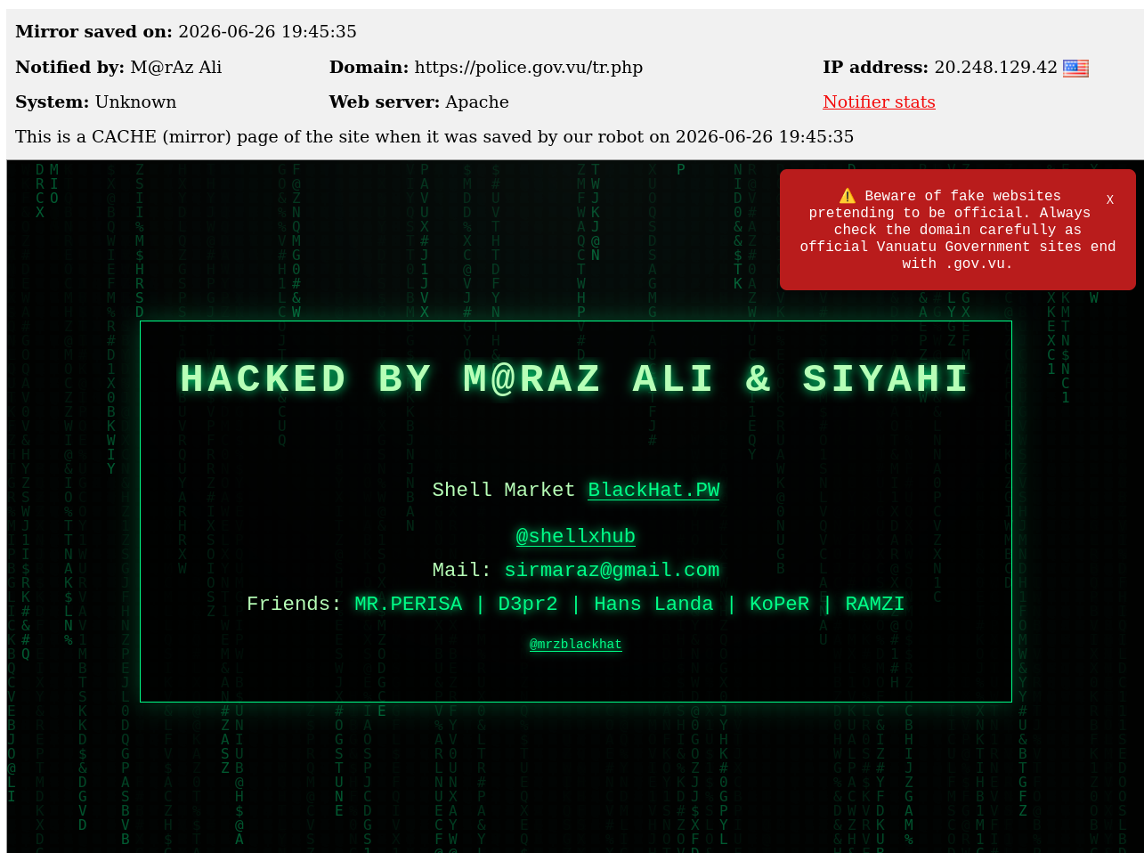 M@rAz Ali targets the website of Vanuatu Police Force