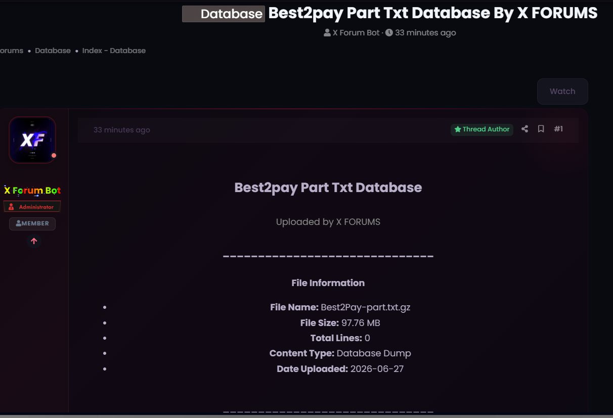 Alleged data leak of Best2pay Database Dump