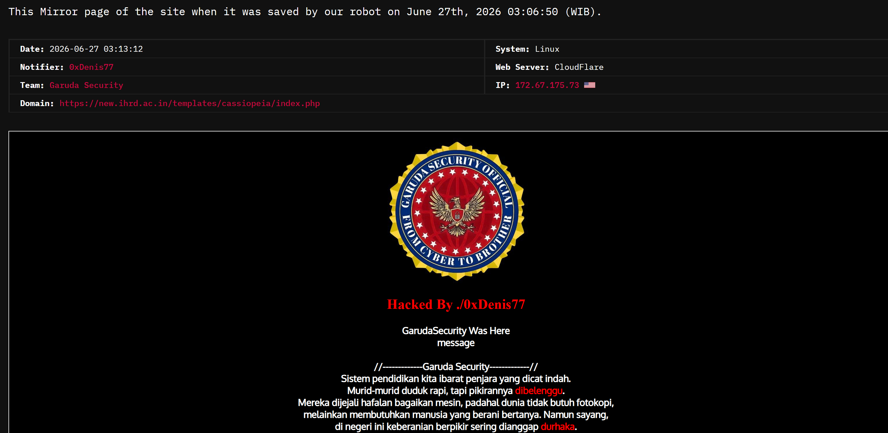 0xDenis77 targets the website of Institute of Human Resources Development (IHRD)