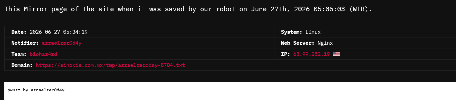 azraelzer0d4y targets the website of Sinoxis