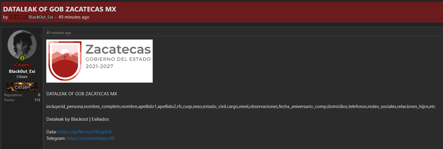 Alleged leak of Zacatecas State Government database