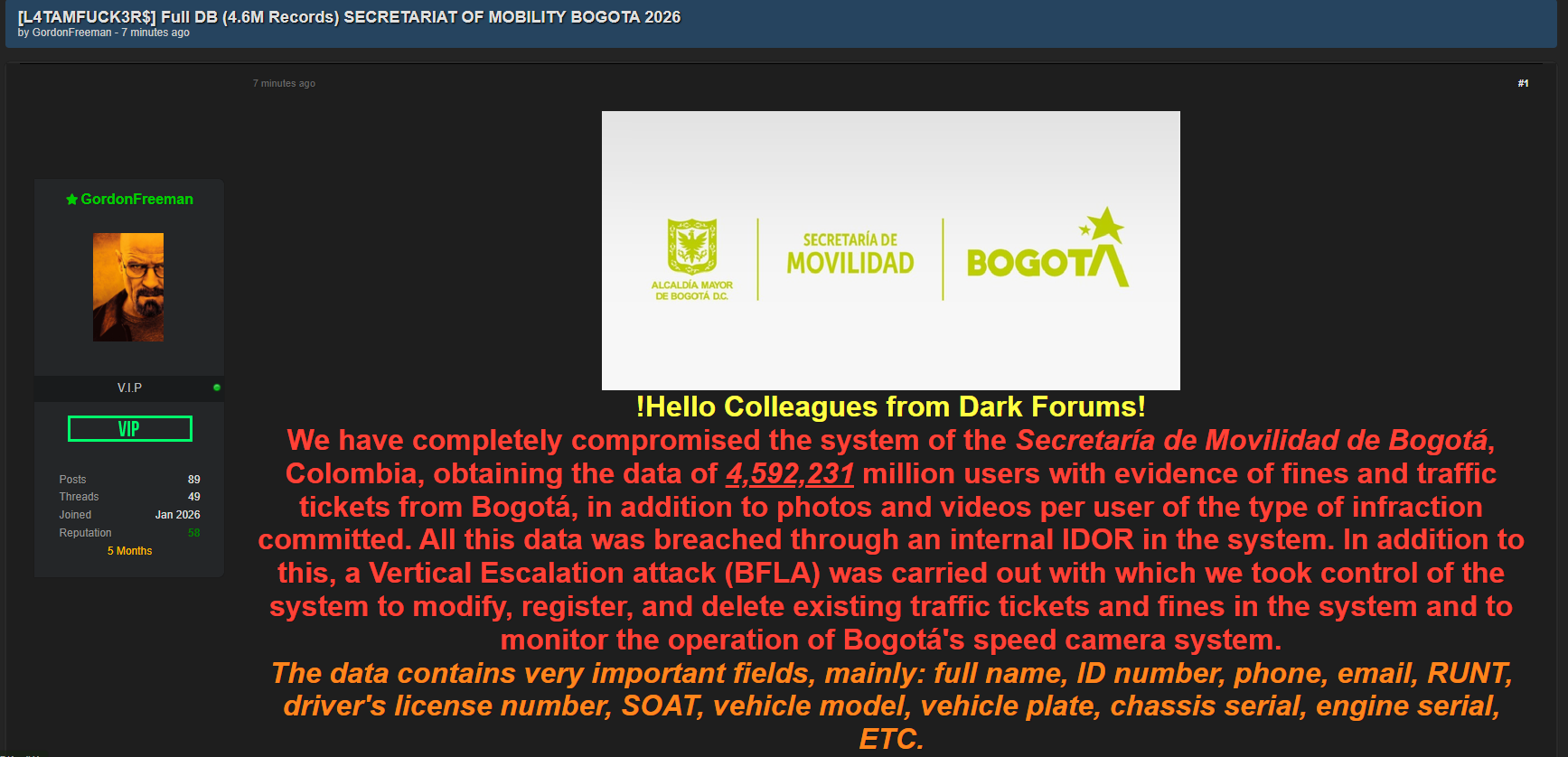 Alleged data breach of Secretaria Distrital de Movilidad
