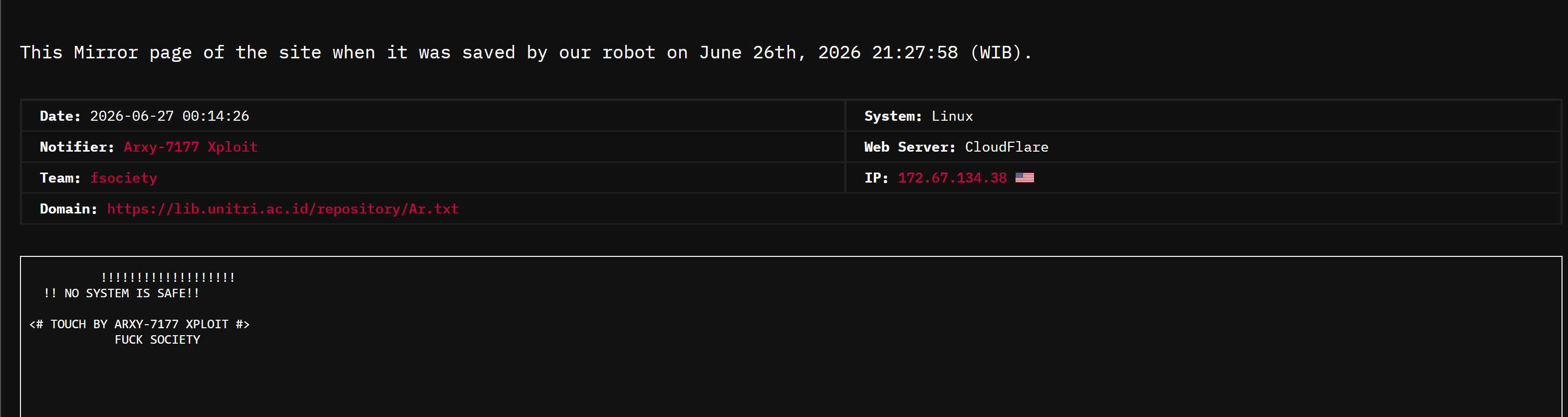 Arxy-7177 Xploit targets the website of Tribhuwana Tunggadewi Malang