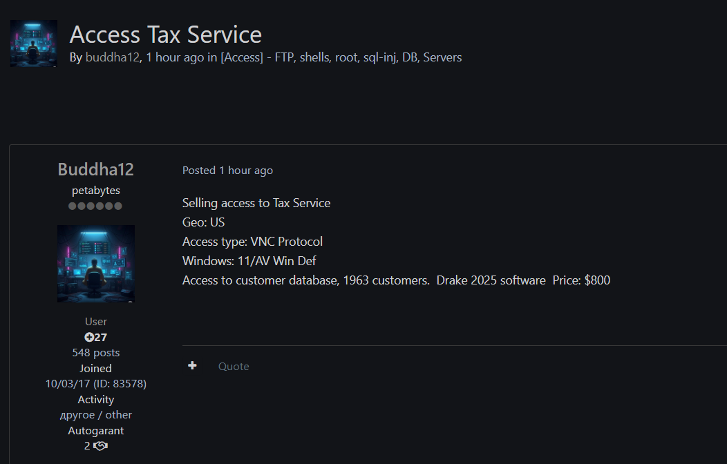 Alleged Sale of Unauthorized Access to U.S.-Based Tax Service Customer Data