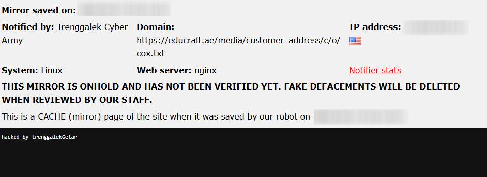 Trenggalek Cyber Army targets the website of Educraft