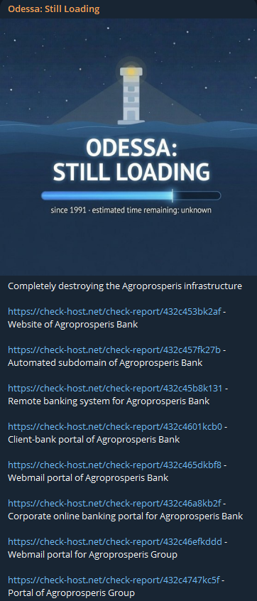 Odessa: Still Loading targets the website of Agroprosperis