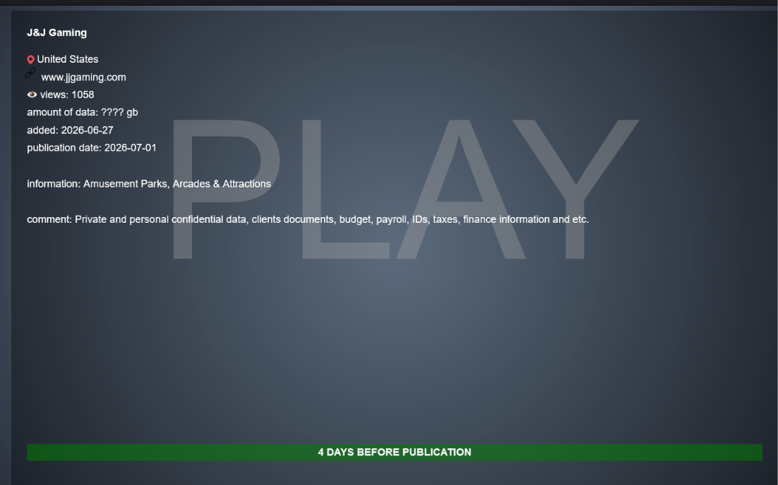 J&J Gaming falls victim to PLAY ransomware