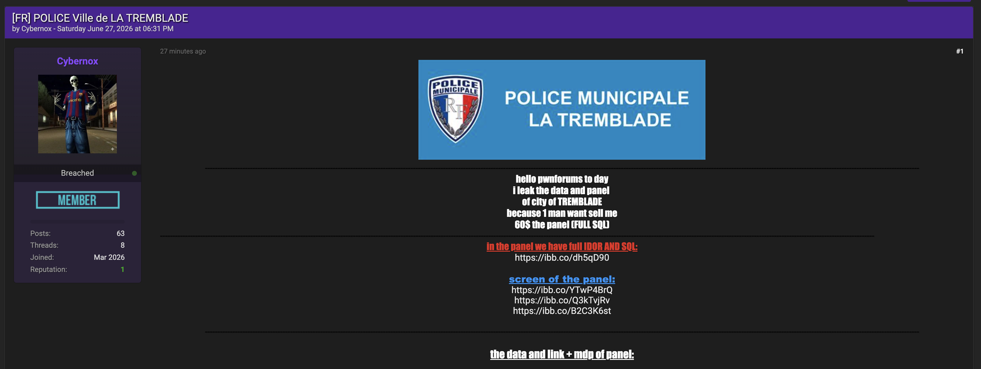 Alleged data breach of Police Municipale de La Tremblade