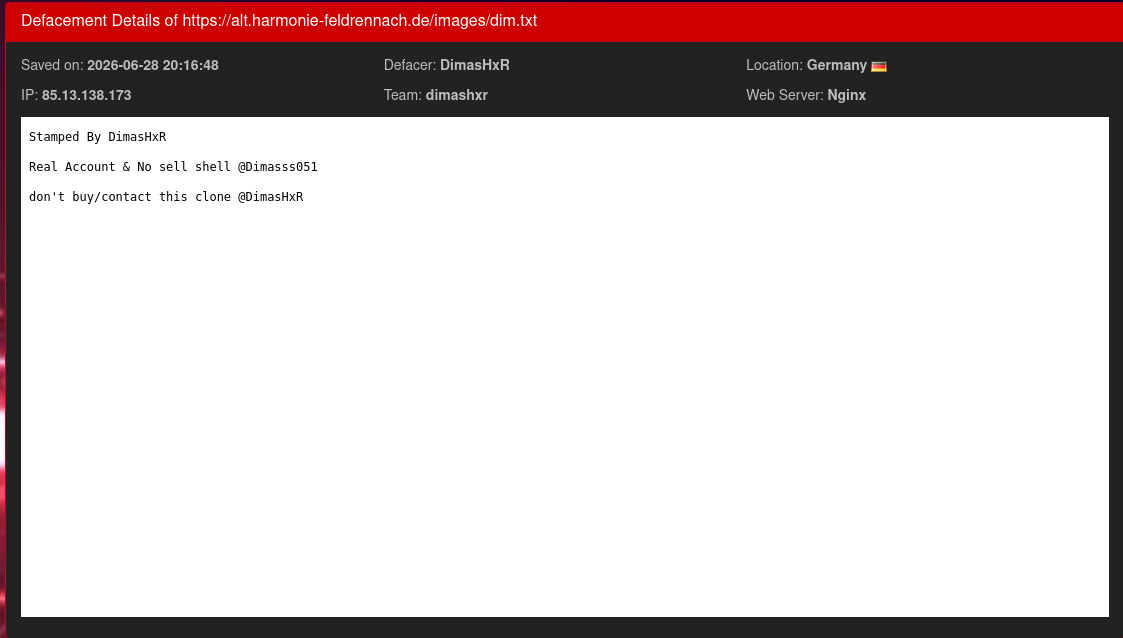DimasHxR targets the website of Musikverein Harmonie Feldrennach