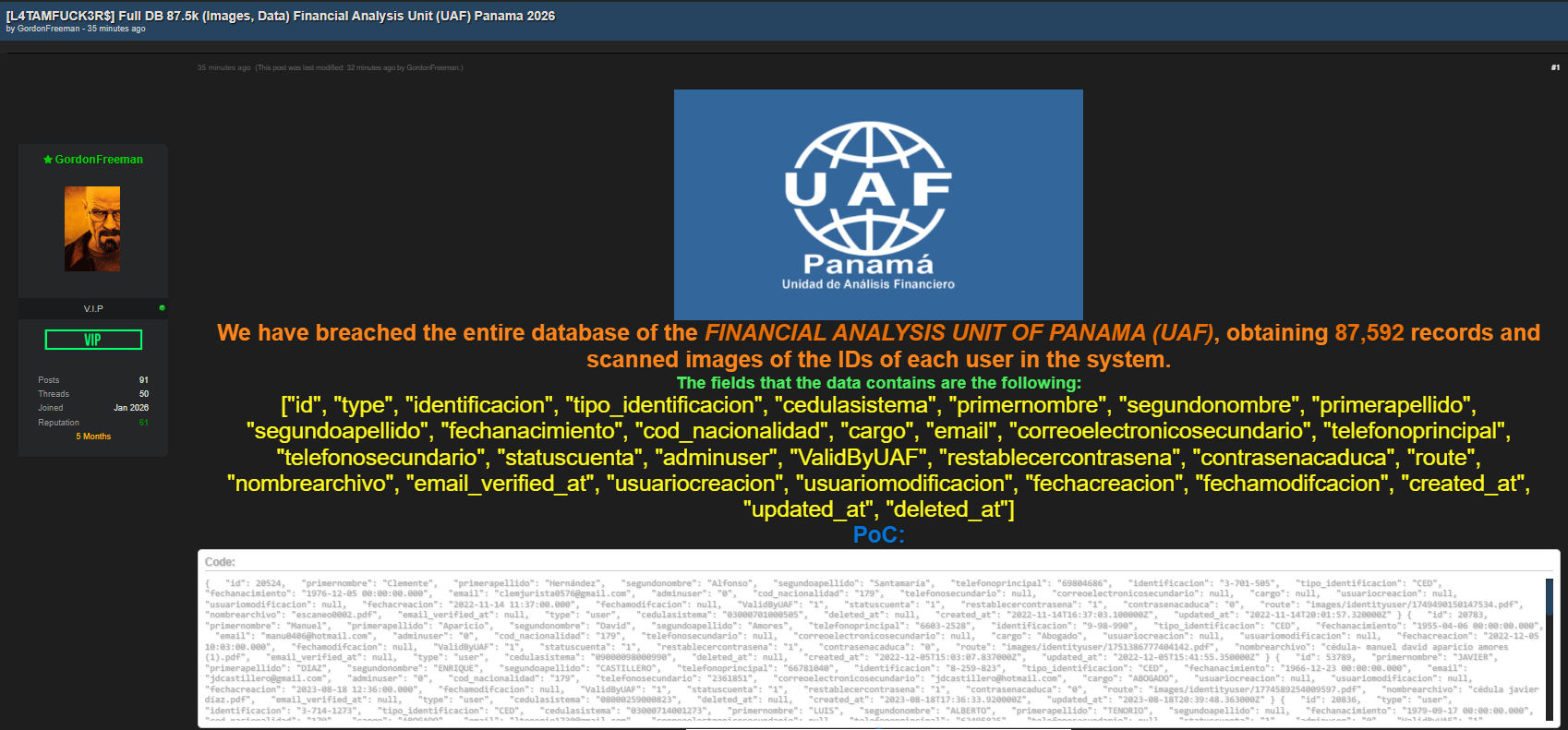 Alleged breach of Financial Analysis Unit (UAF) Panama Database