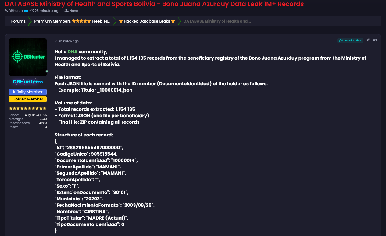 Alleged data leak of Ministry of Health and Sports of Bolivia