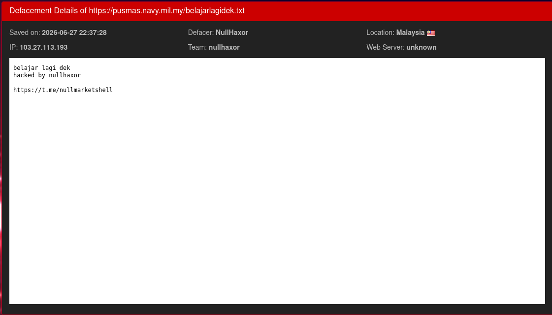 NullHaxor targets the website of Pusat Hidrografi Nasional