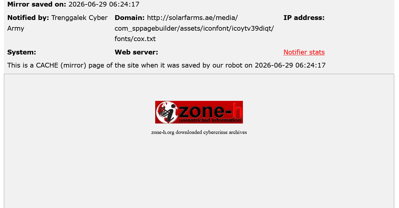 Trenggalek Cyber Army targets the website of solarfarms.ae