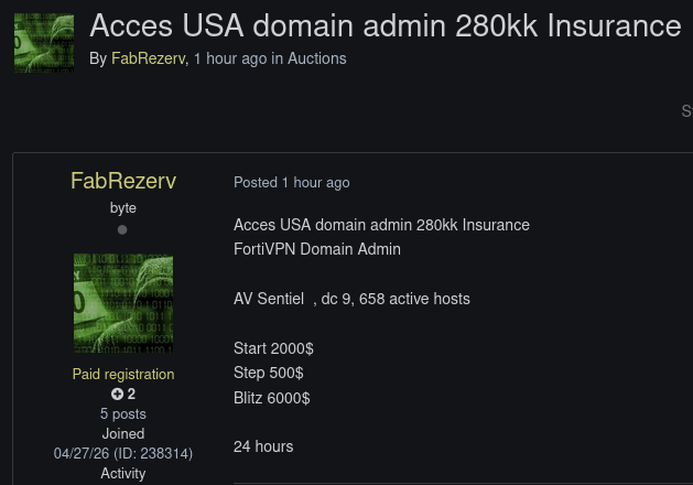 Alleged sale of unauthorized domain admin access to an unidentified insurance organization in USA