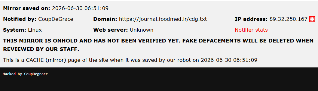 CoupDeGrace targets the website of journal.foodmed.ir