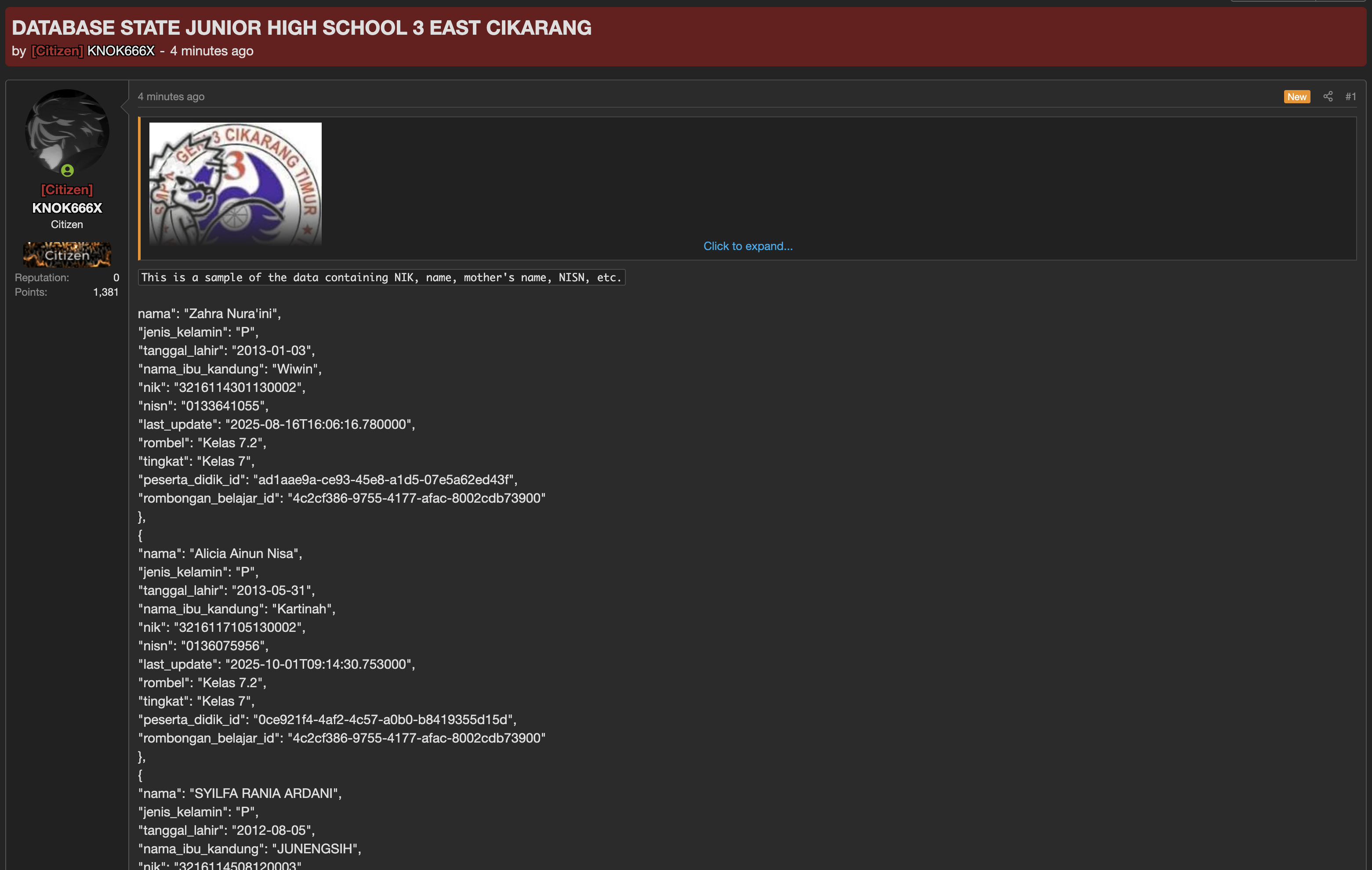 Alleged data breach of State Junior High School 3 East Cikarang