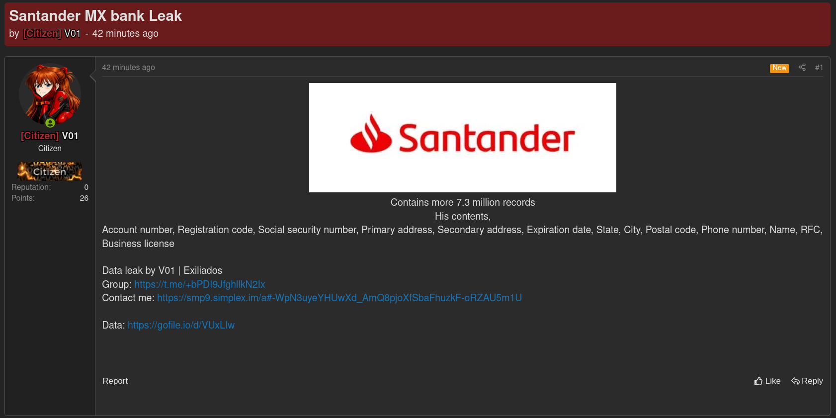 Alleged Data Breach of Santander