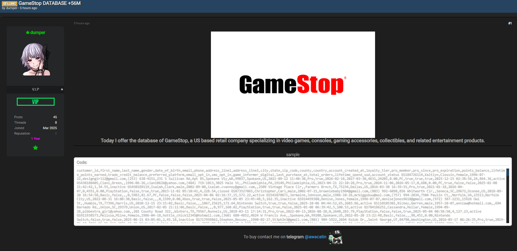 Alleged data sale of GameStop