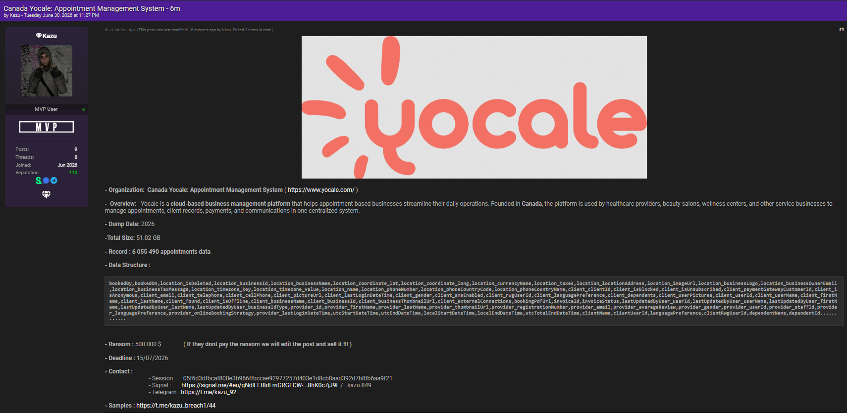 Alleged data sale of Yocale