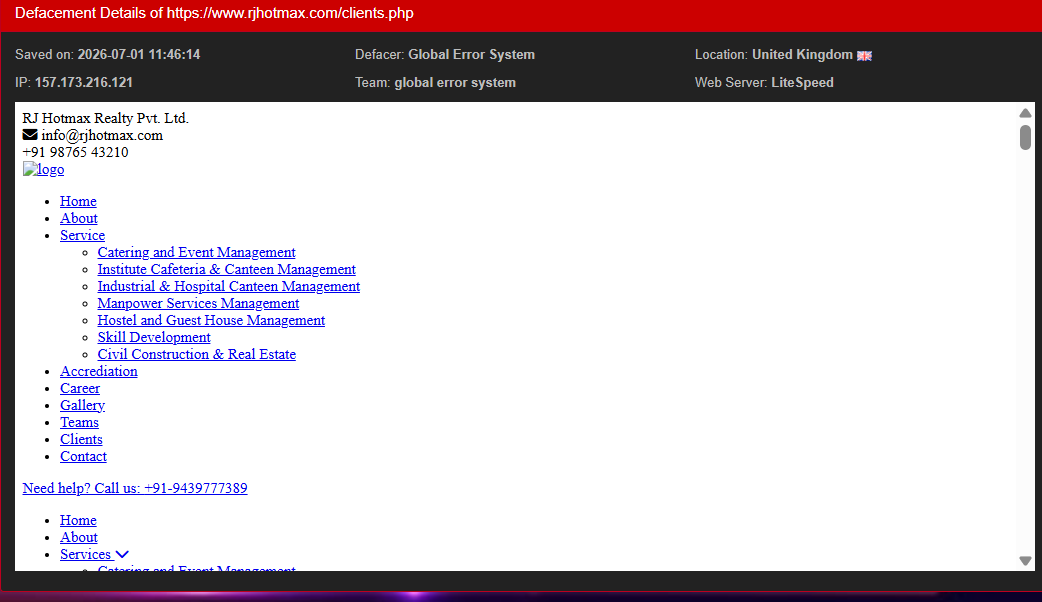 Global error system targets the website of R J HOTMAX REALTY Private Limited